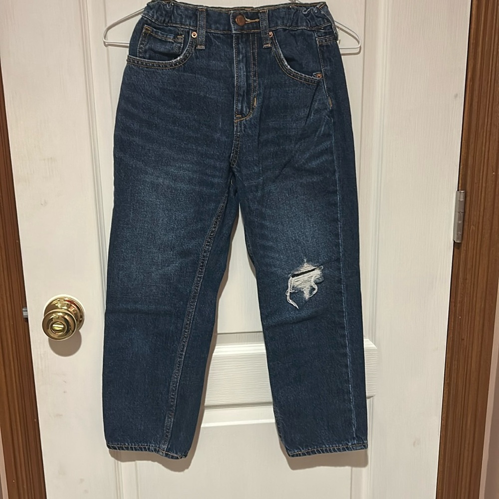 Old Navy Girls Jeans, Size 10, Dark wash distressed, Hi rise Slouchy straight